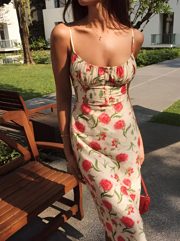 Floral Ruched Button Detail Dress sold by COMMENSE