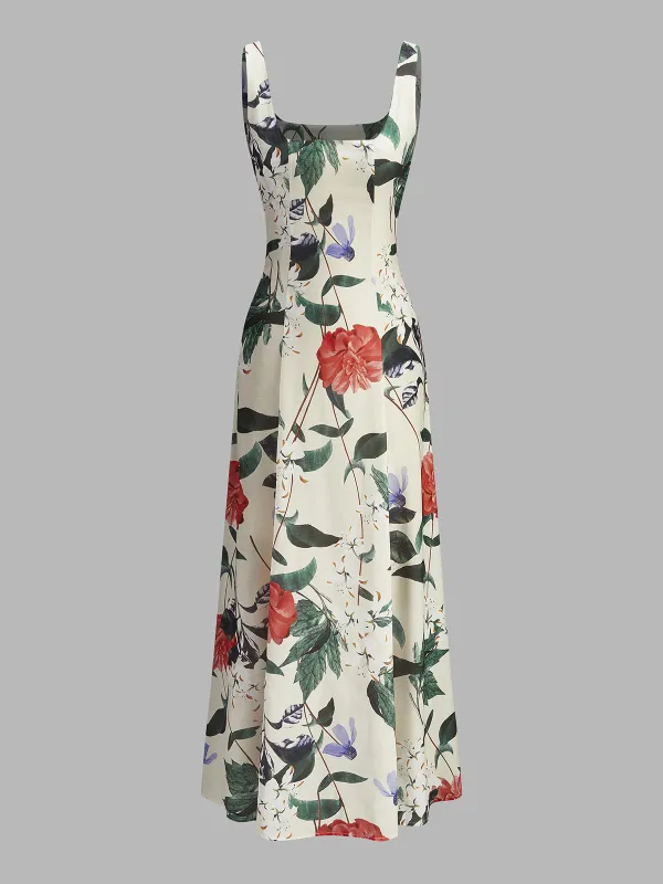 Square Neck Floral Print Zipper Dress sold by COMMENSE