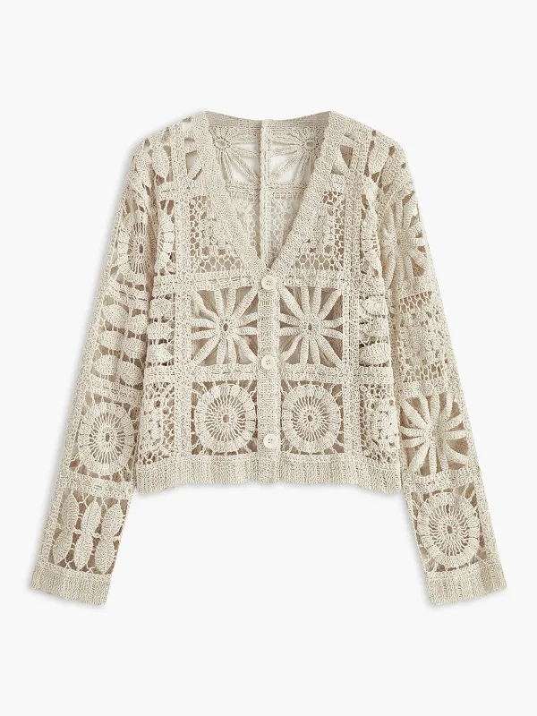 Crochet Square Pattern Button-Front Cardigan sold by COMMENSE
