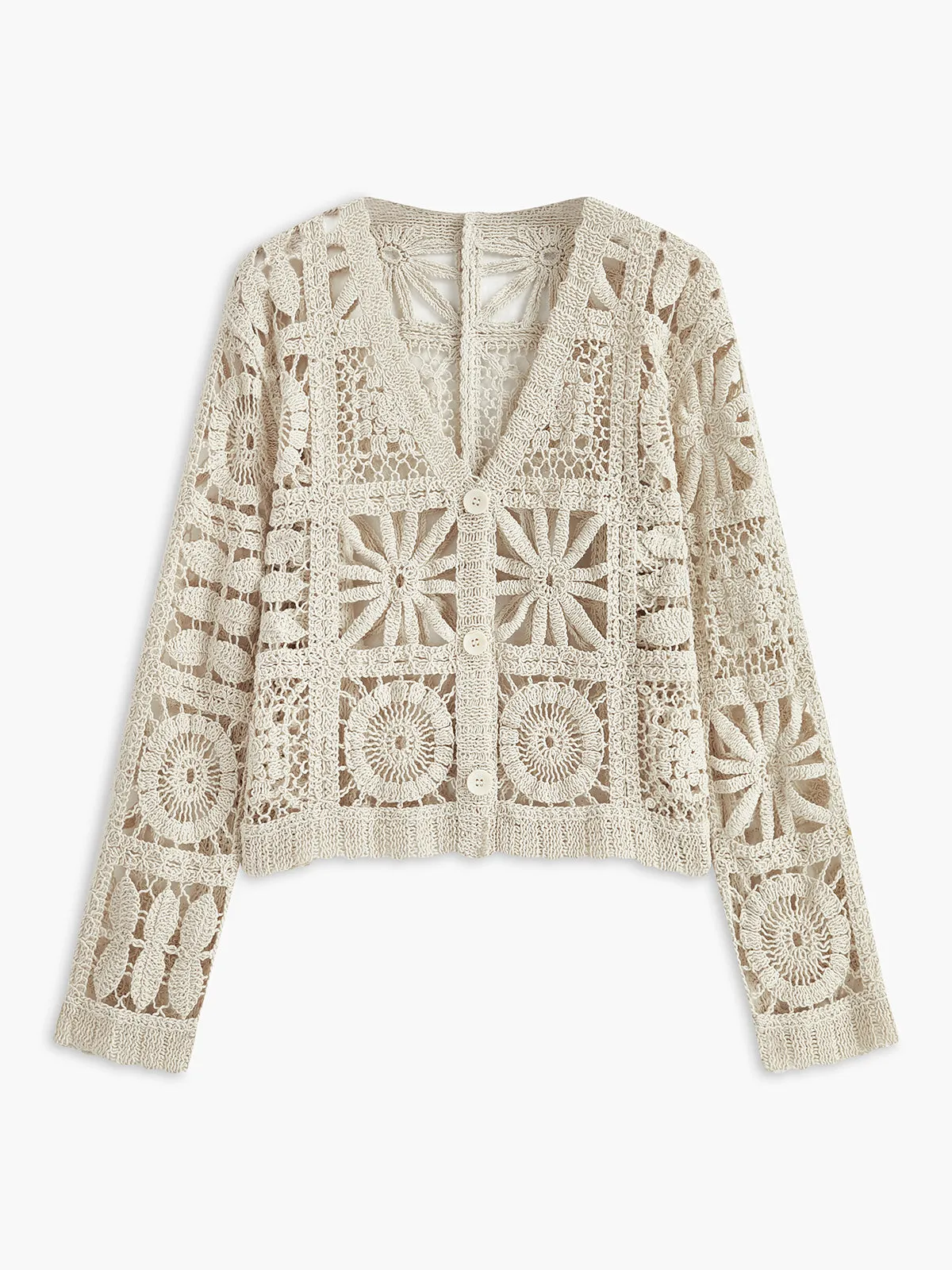 Crochet Square Pattern Button-Front Cardigan sold by COMMENSE