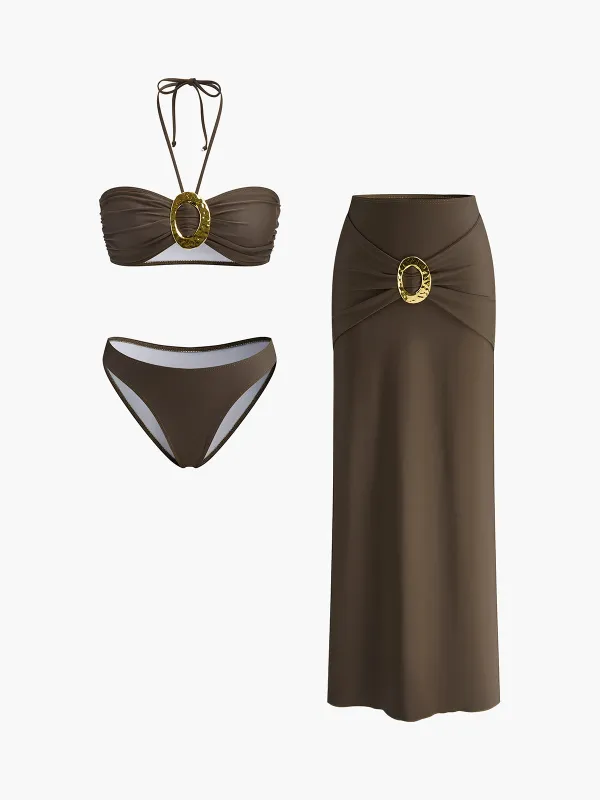 Oval Ring Detail Bandeau Bikini Set With Draped Skirt sold by COMMENSE