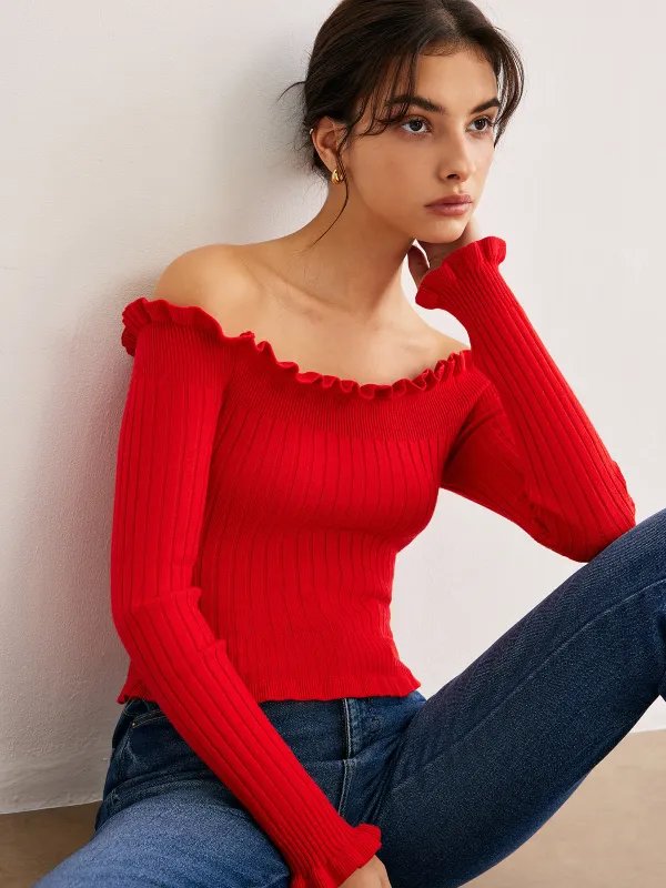 Cold-Shoulder Lettuce Trim Knit Top sold by COMMENSE