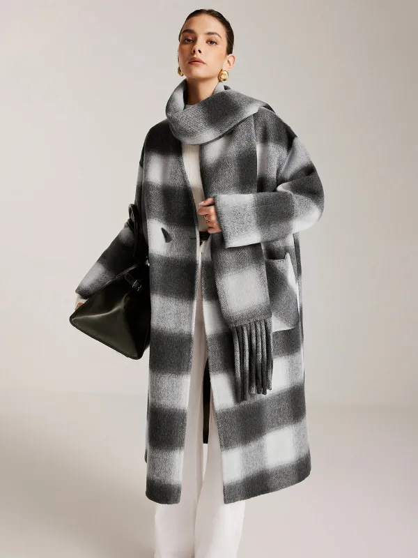 Wool-Blend Tweed Long Coat With Matching Tassel Scarf sold by COMMENSE