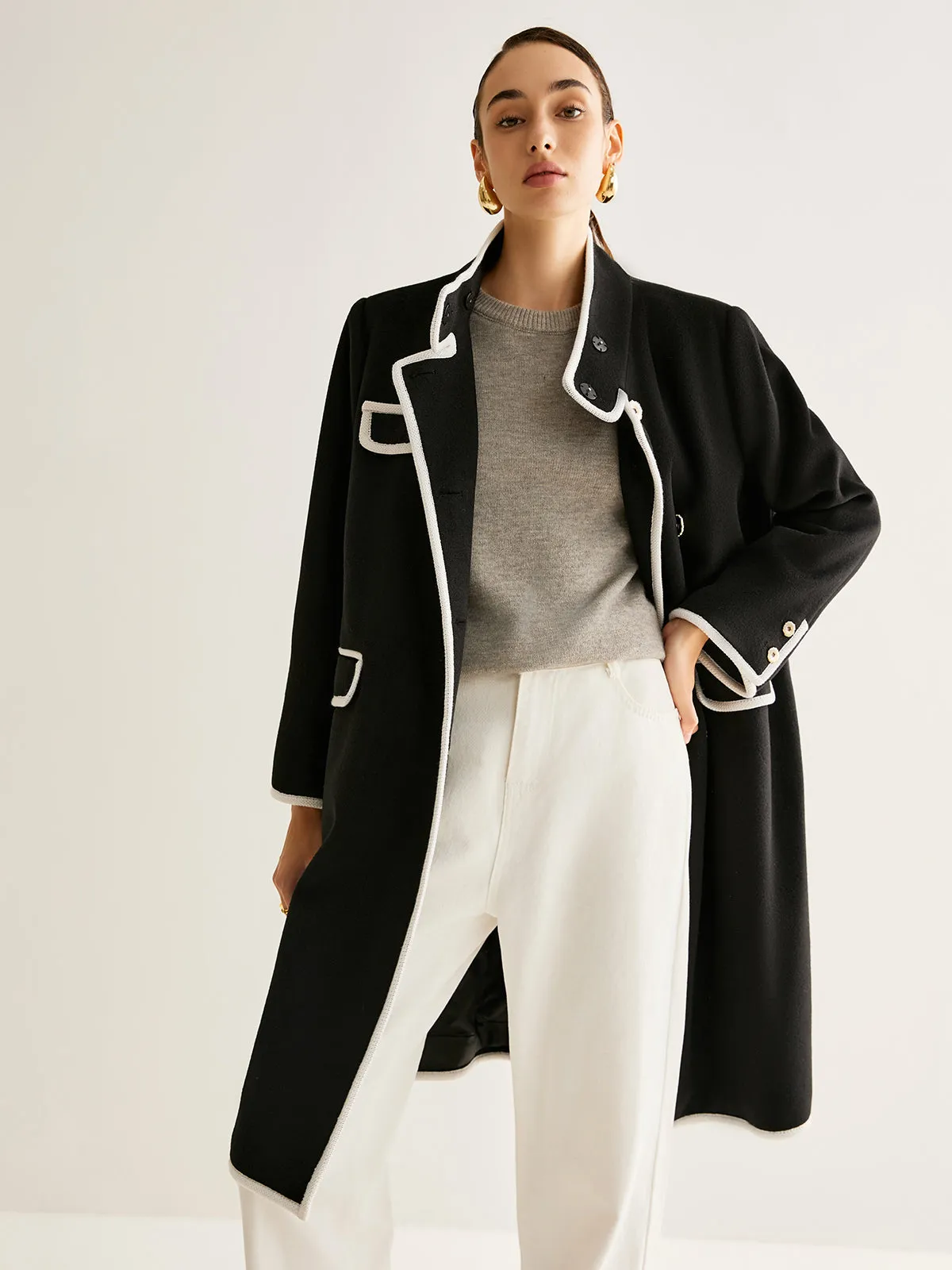 Stand Collar Contrast Trim Long Coat sold by COMMENSE