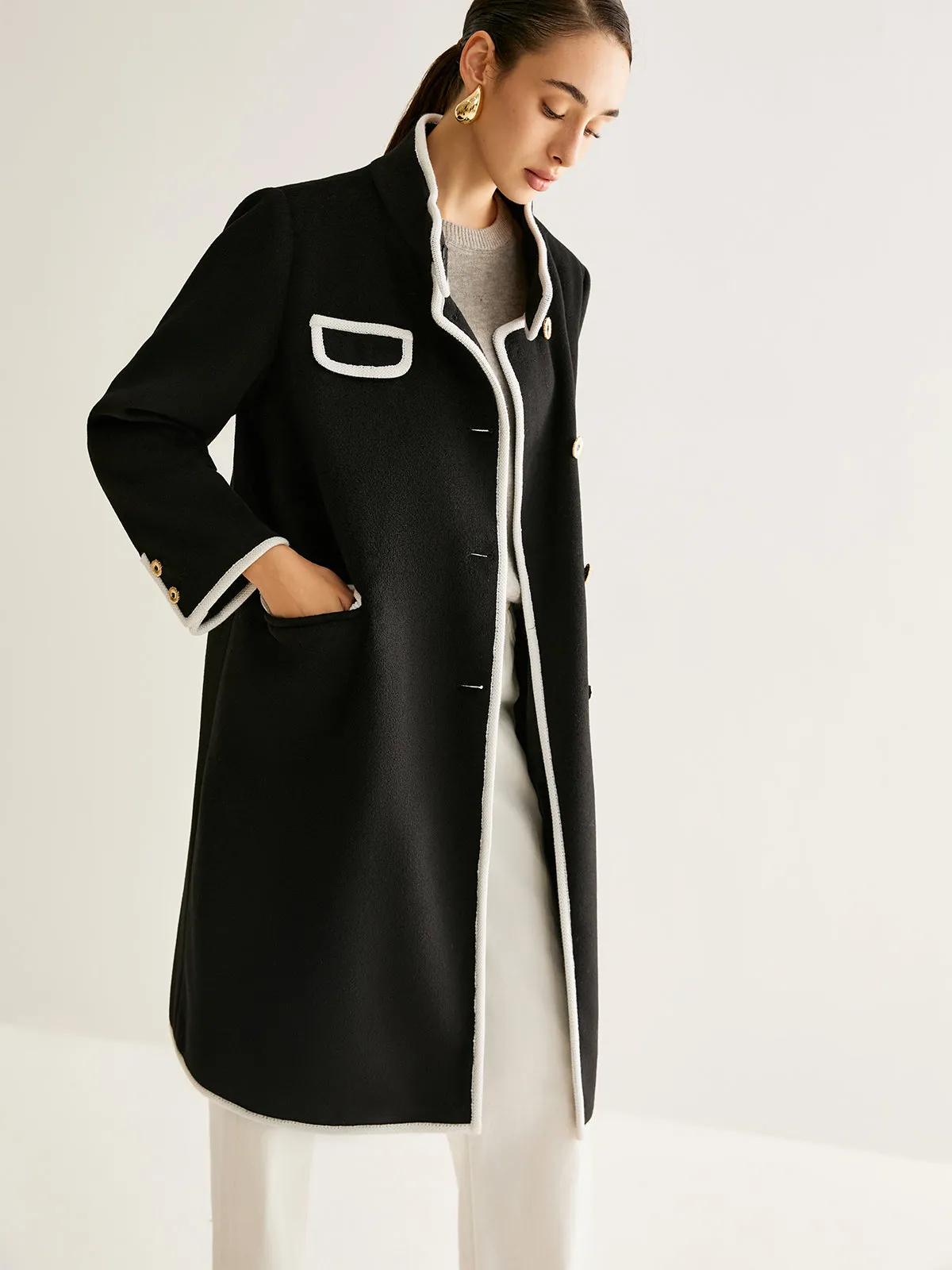 Stand Collar Contrast Trim Long Coat sold by COMMENSE product image thumbnail 5