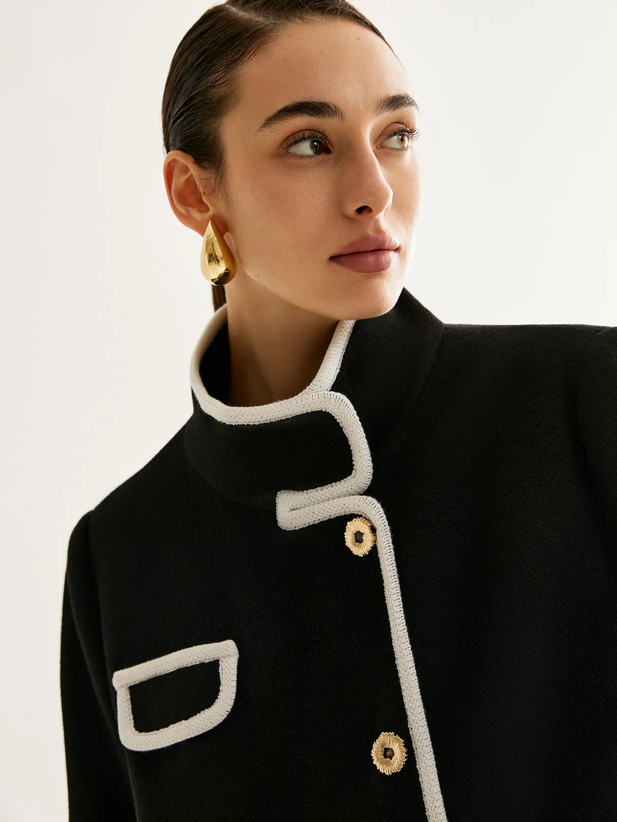 Stand Collar Contrast Trim Long Coat sold by COMMENSE product image thumbnail 2