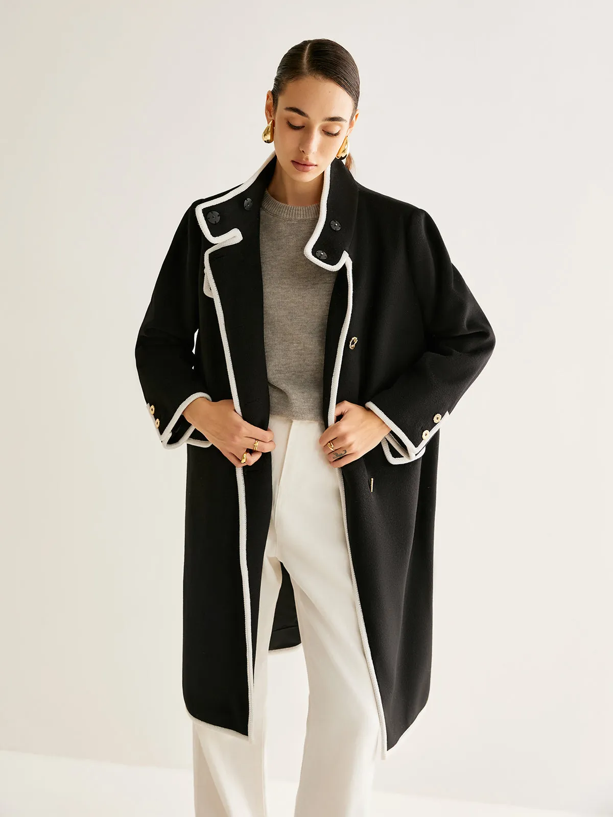 Stand Collar Contrast Trim Long Coat sold by COMMENSE product image thumbnail 4