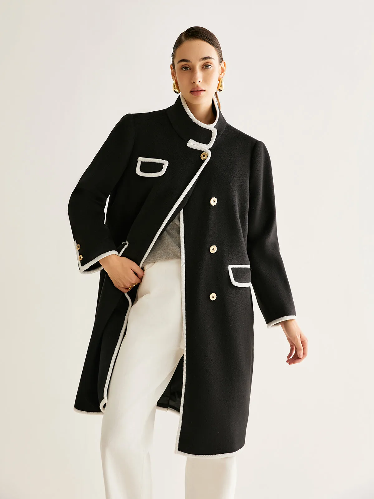 Stand Collar Contrast Trim Long Coat sold by COMMENSE product image thumbnail 3