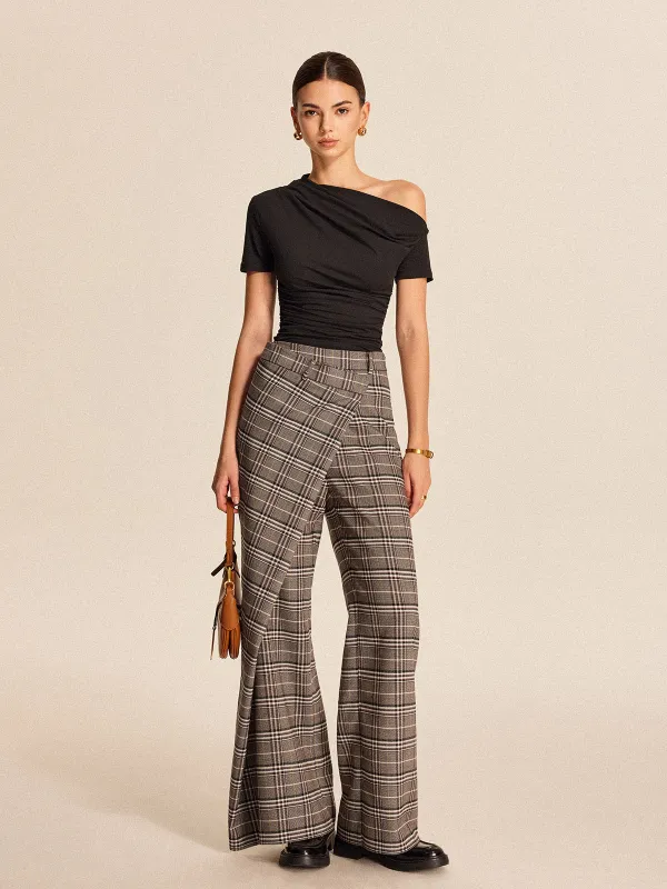 Plaid Asymmetrical Detail Mid Waist Pants made by COMMENSE