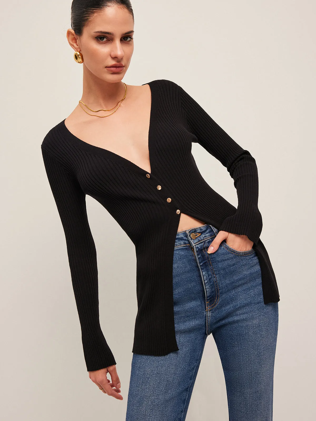 Ribbed Slit Button Cardigan sold by COMMENSE product image thumbnail 4