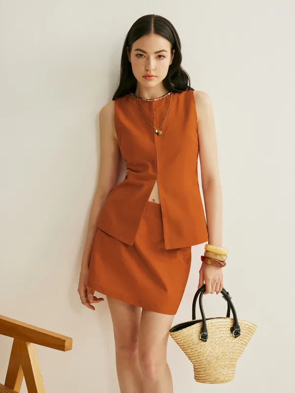 Split Front Belted Skirt Set sold by COMMENSE