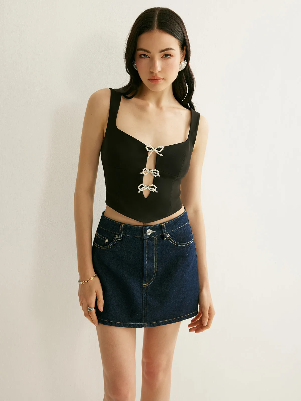 Pearl Bow Detail Crop Top sold by COMMENSE product image thumbnail 3