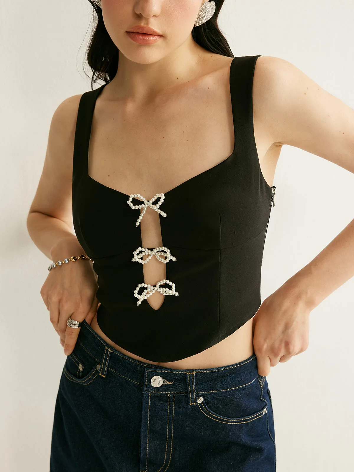 Pearl Bow Detail Crop Top sold by COMMENSE product image thumbnail 4