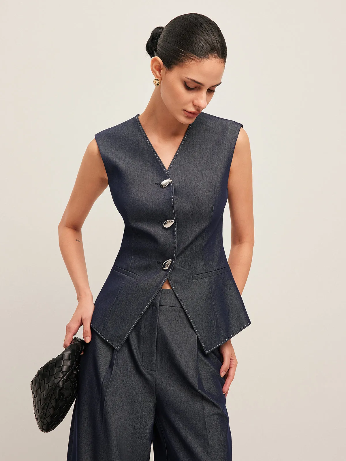 Contrast Stitched Buttoned Peplum Vest sold by COMMENSE