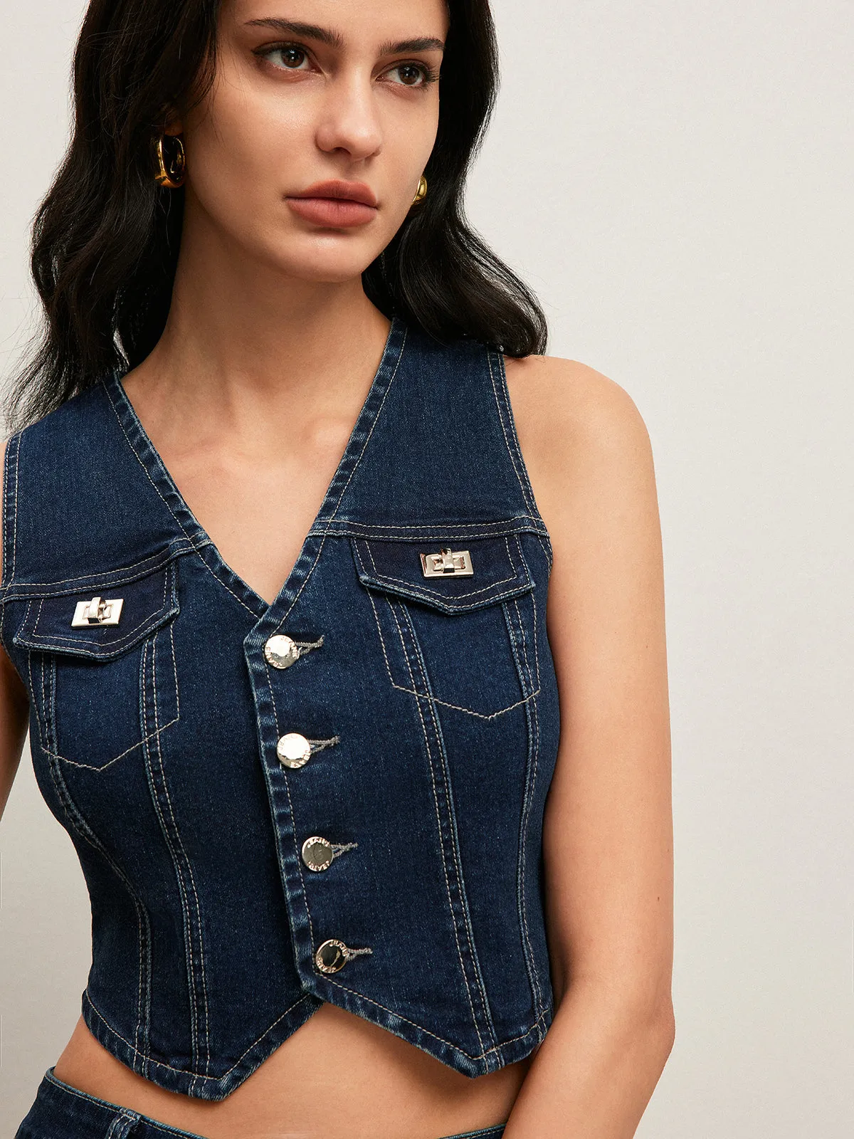 Classic Denim Button-Up Vest sold by COMMENSE product image thumbnail 5