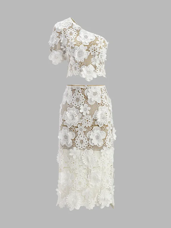 Asymmetrical Floral Lace Top Skirt Set sold by COMMENSE