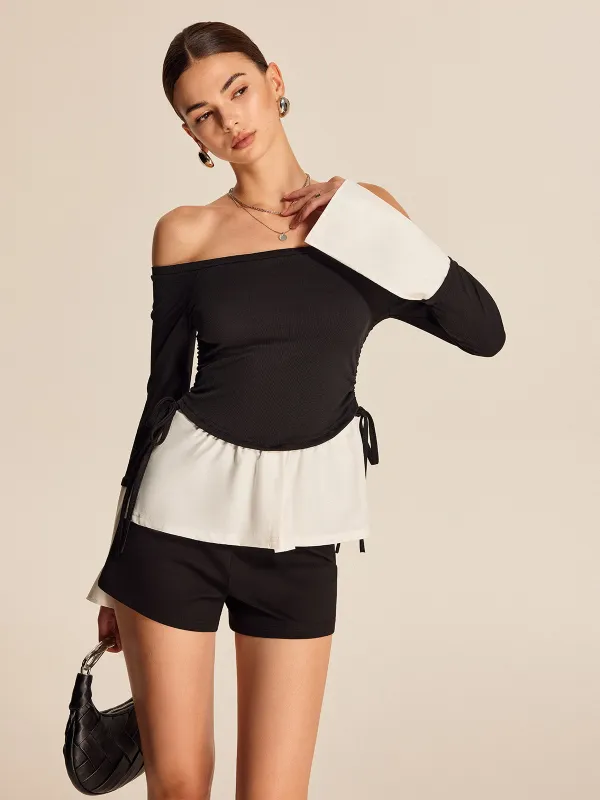 Bold Contrast Off-Shoulder Straight Neck Blouse sold by COMMENSE