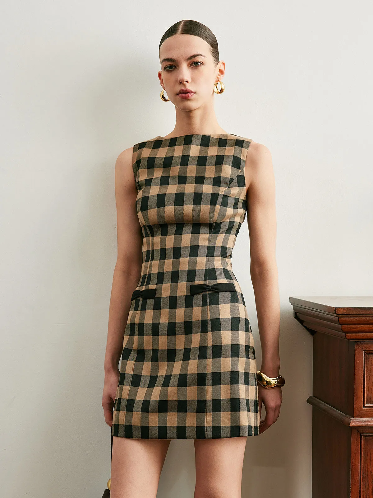 Vintage Plaid Sleeveless Bow Dress sold by COMMENSE product image thumbnail 2