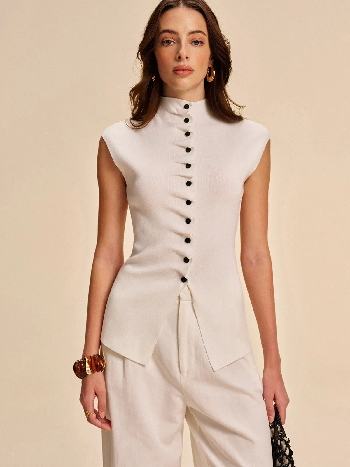 Button-Front Sleeveless Cardigan sold by COMMENSE