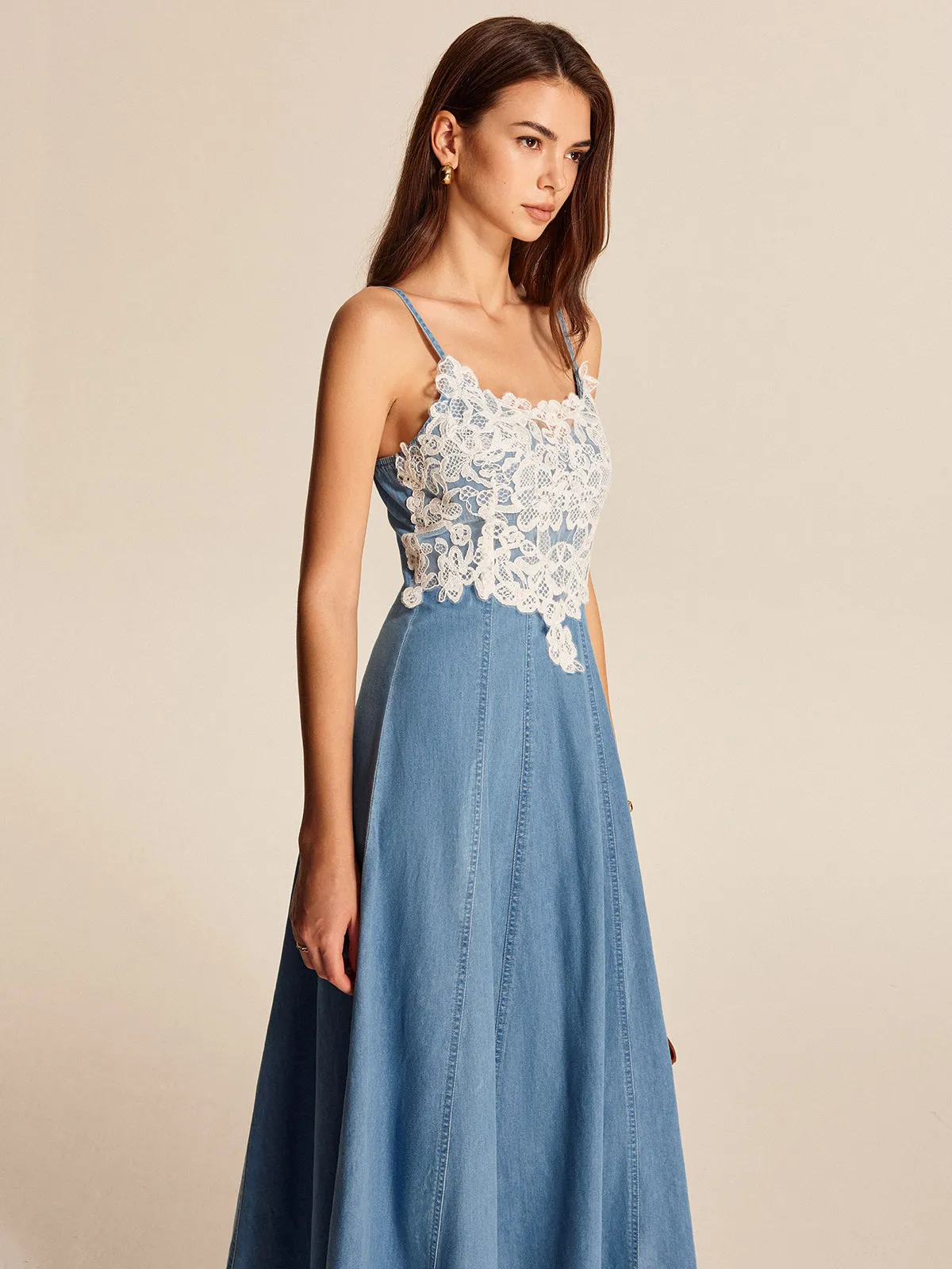 Lace Panel Denim Cami Dress sold by COMMENSE product image thumbnail 4