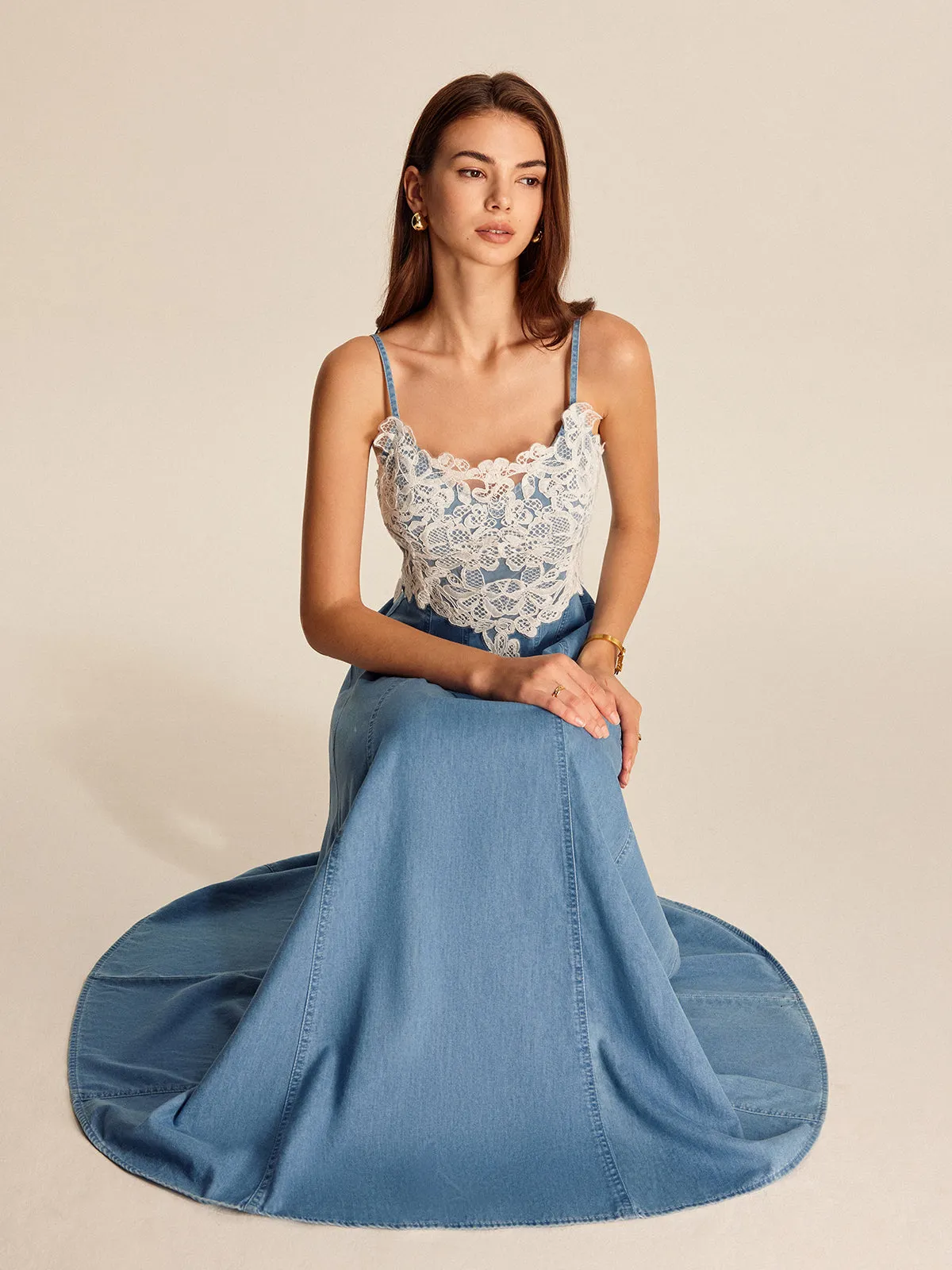 Lace Panel Denim Cami Dress sold by COMMENSE product image thumbnail 5