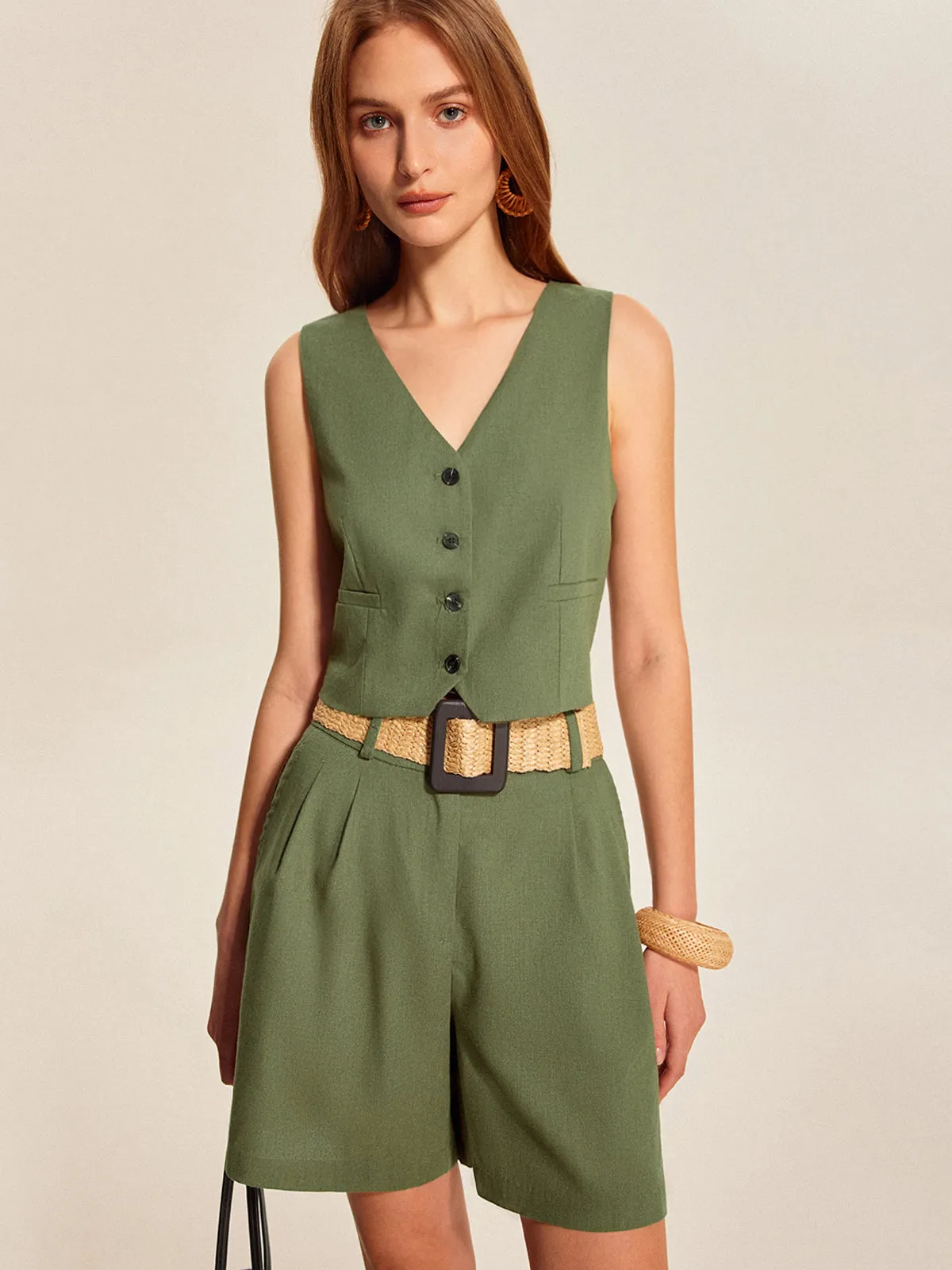 V-Neck Buttoned Shorts Set With Belt sold by COMMENSE