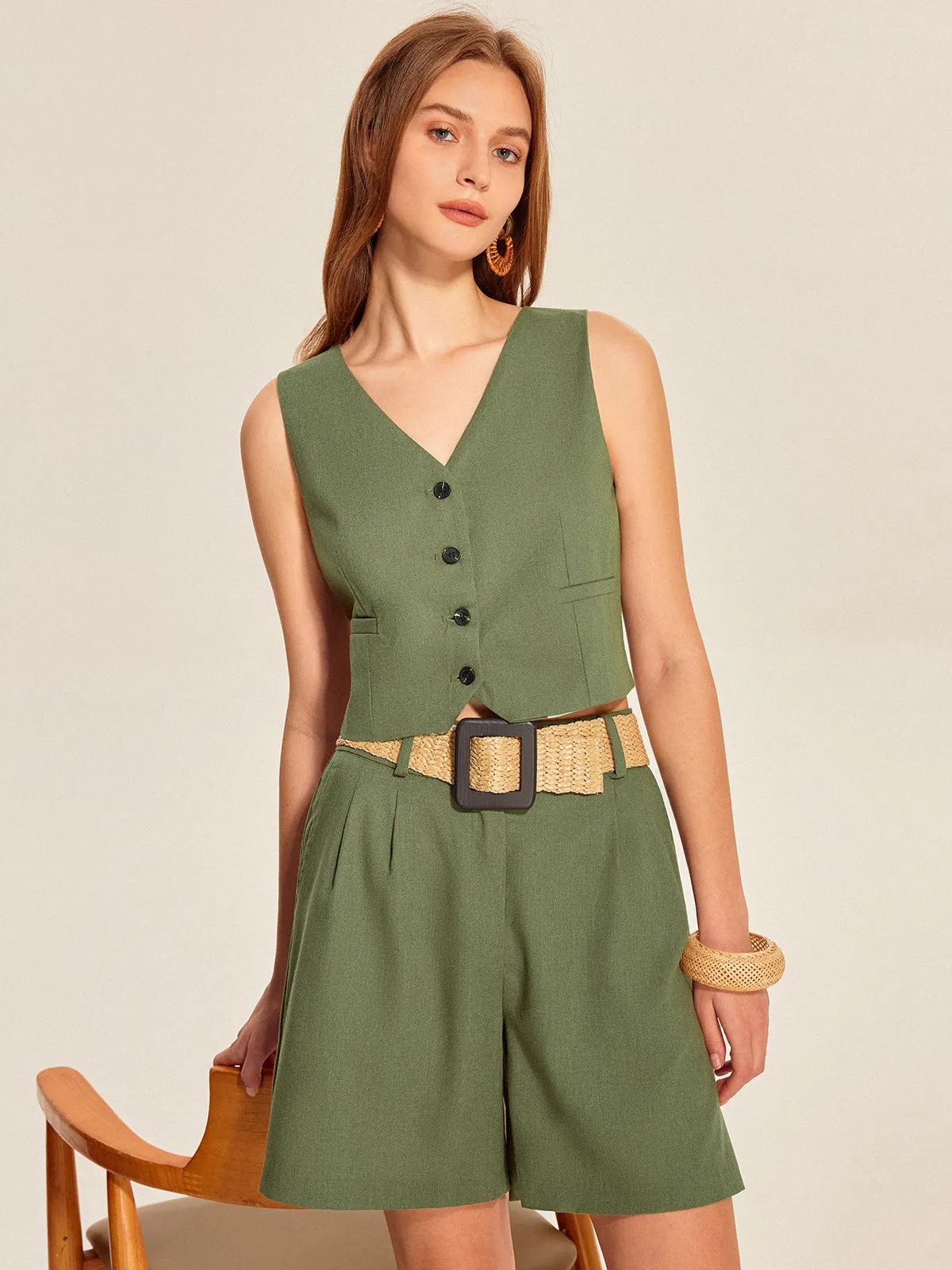 V-Neck Buttoned Shorts Set With Belt sold by COMMENSE product image thumbnail 4