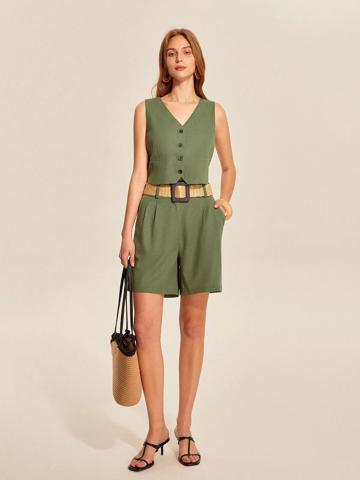 V-Neck Buttoned Shorts Set With Belt sold by COMMENSE product image thumbnail 2