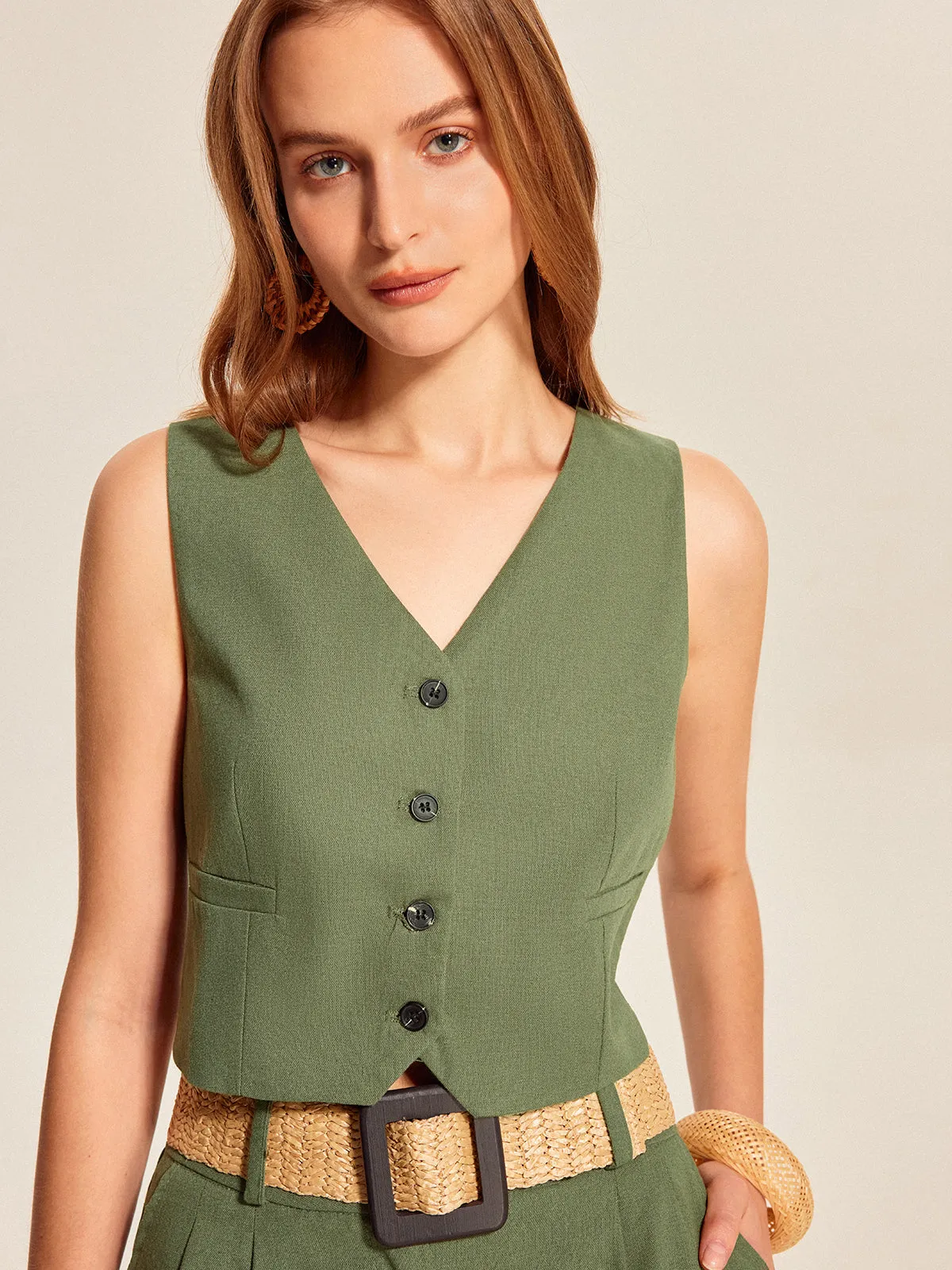 V-Neck Buttoned Shorts Set With Belt sold by COMMENSE product image thumbnail 3