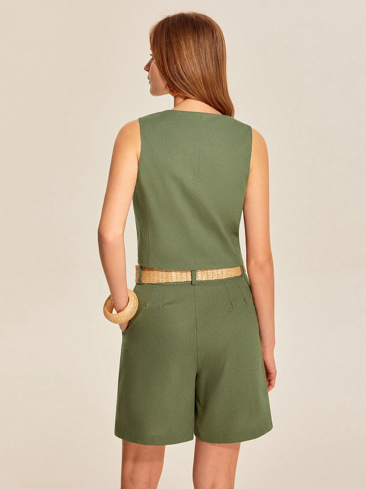 V-Neck Buttoned Shorts Set With Belt sold by COMMENSE product image thumbnail 5