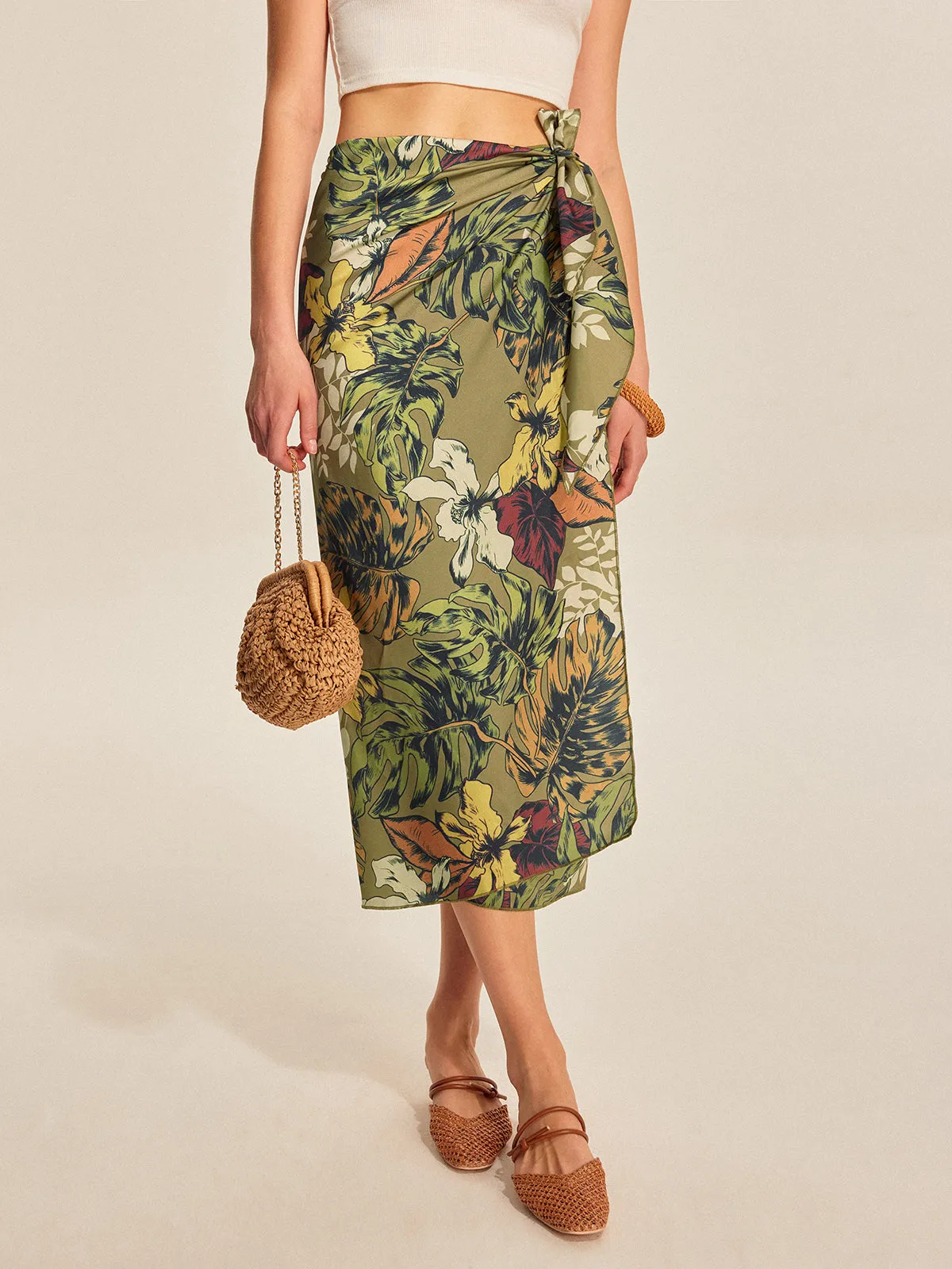 Tie Detail Floral Print Wrap Skirt sold by COMMENSE