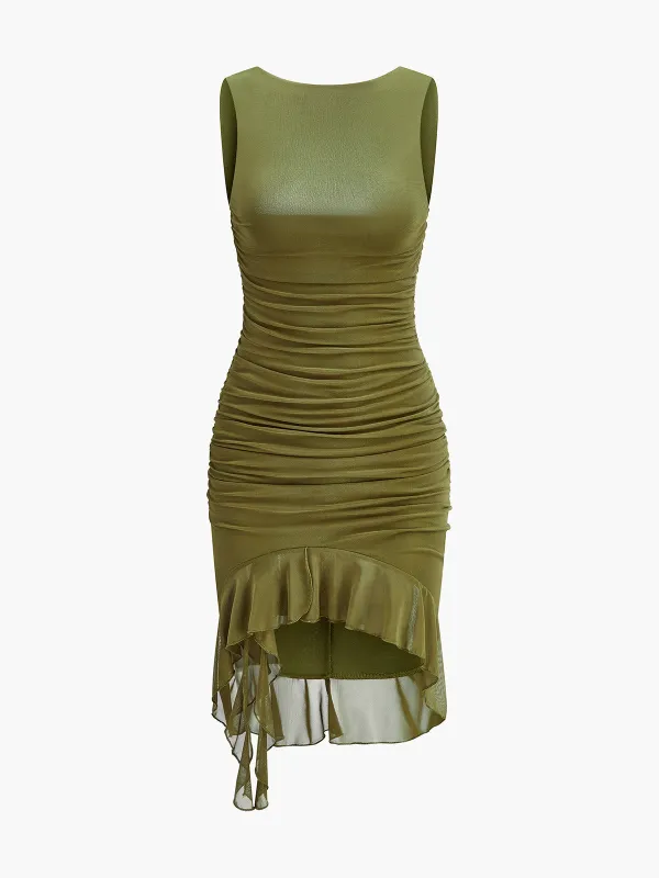 Ruched Asymmetrical Mesh Hem Dress sold by COMMENSE