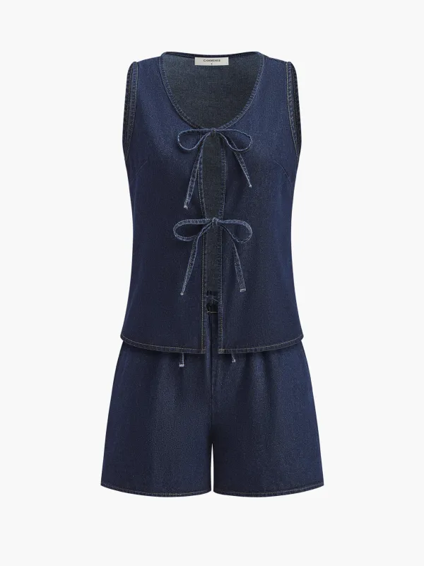 Denim Tie Front Shorts Set sold by COMMENSE