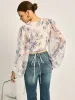 Chiffon Floral V-Neck Balloon Sleeve Blouse sold by COMMENSE