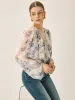 Chiffon Floral V-Neck Balloon Sleeve Blouse sold by COMMENSE