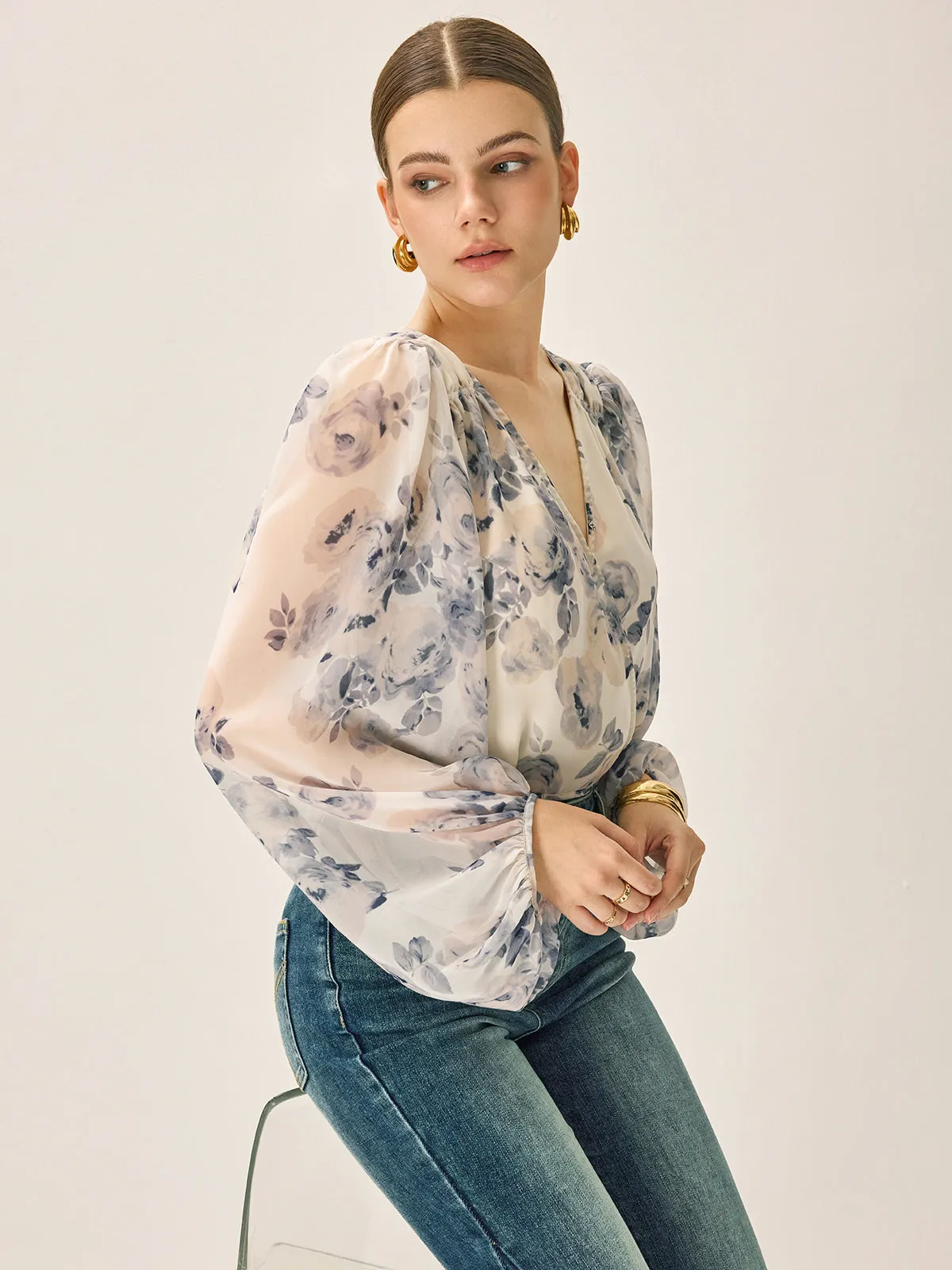Chiffon Floral V-Neck Balloon Sleeve Blouse sold by COMMENSE