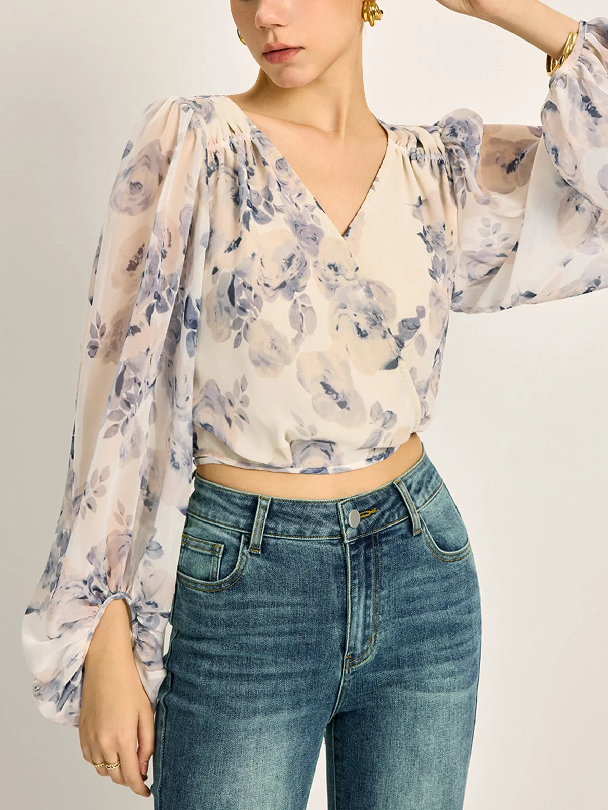 Chiffon Floral V-Neck Balloon Sleeve Blouse sold by COMMENSE product image thumbnail 5