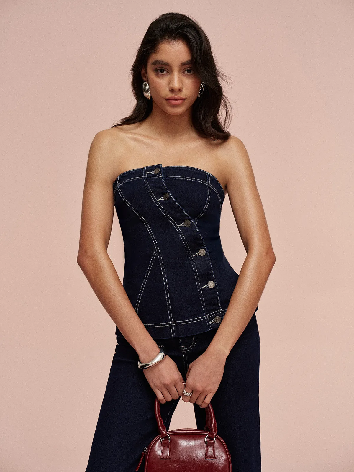Strapless Denim Button-Up Top sold by COMMENSE