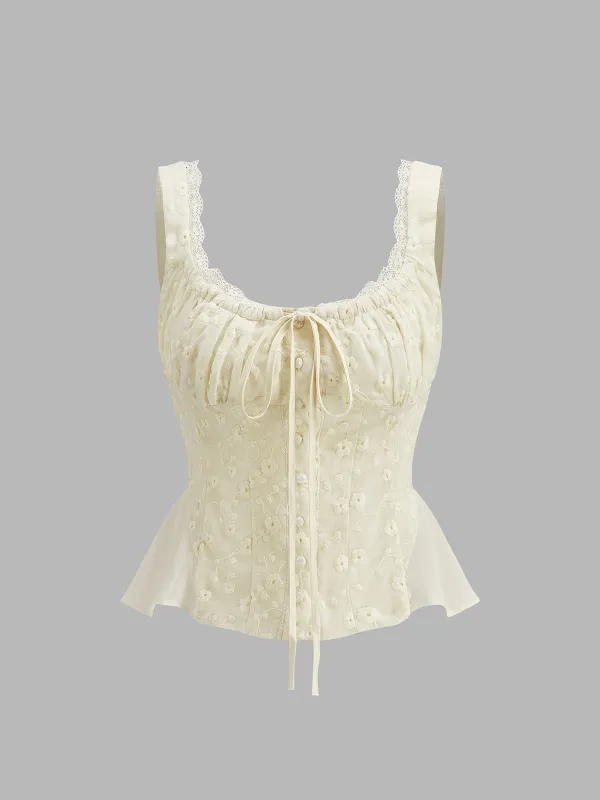 Lace Trim Ruched Floral Peplum Top sold by COMMENSE
