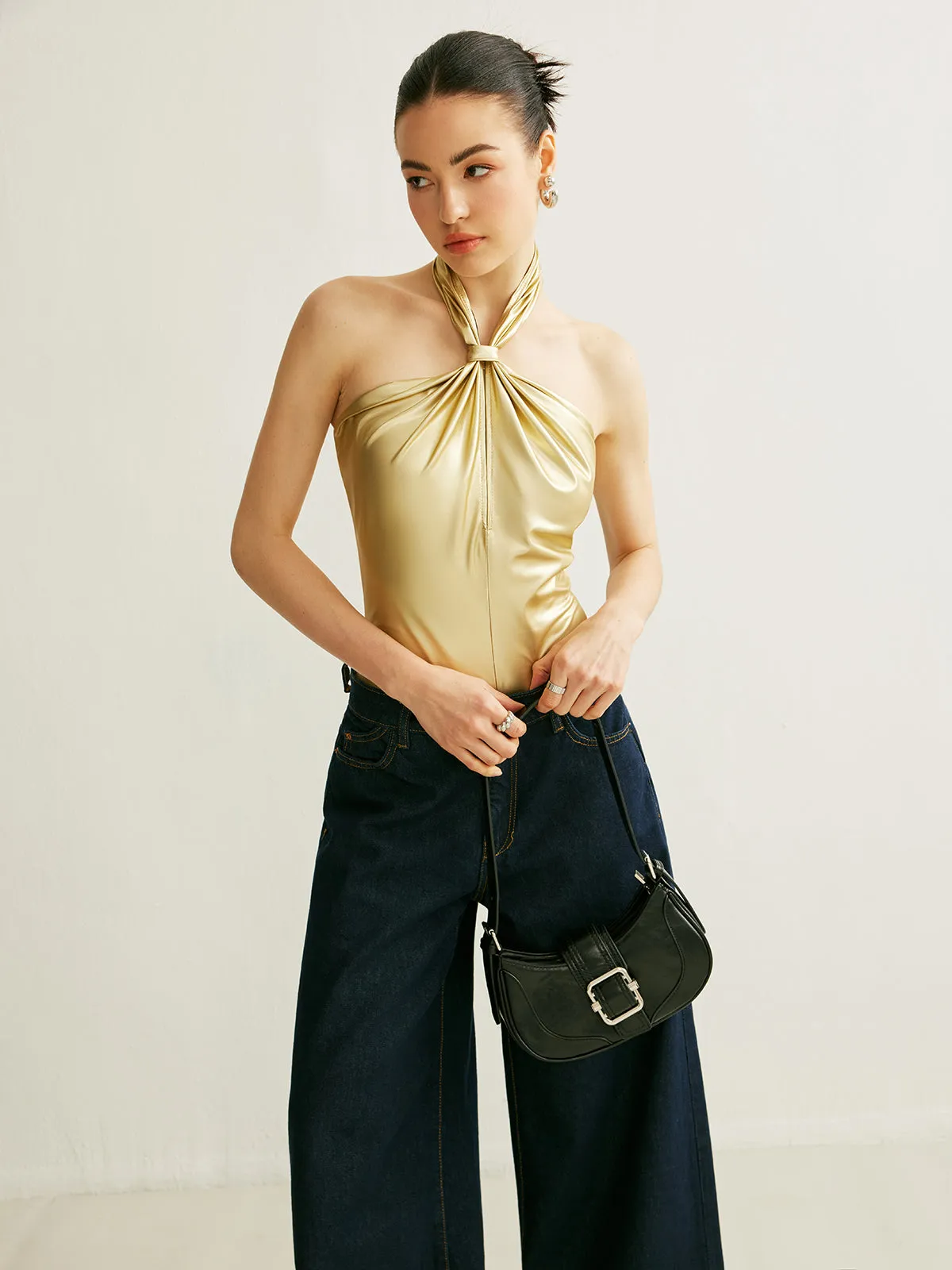 PU Cross-Back Halter Bodysuit sold by COMMENSE product image thumbnail 4