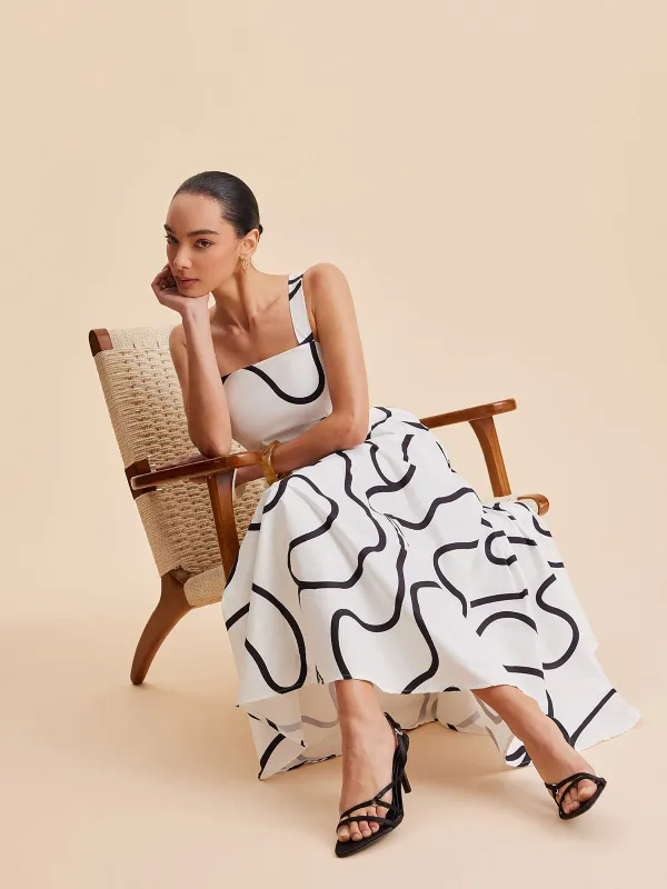 Abstract Line Print Square Strap Dress sold by COMMENSE