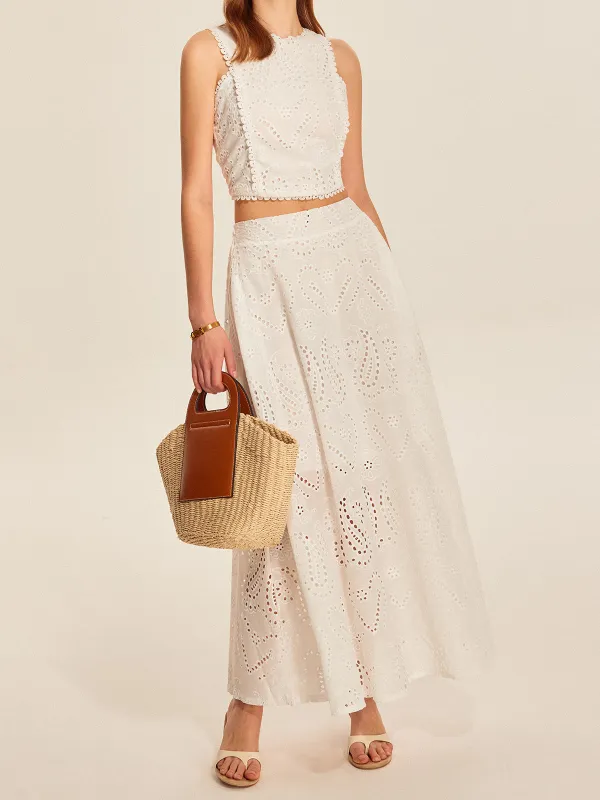 Eyelet Lace Crop Top Skirt Set sold by COMMENSE