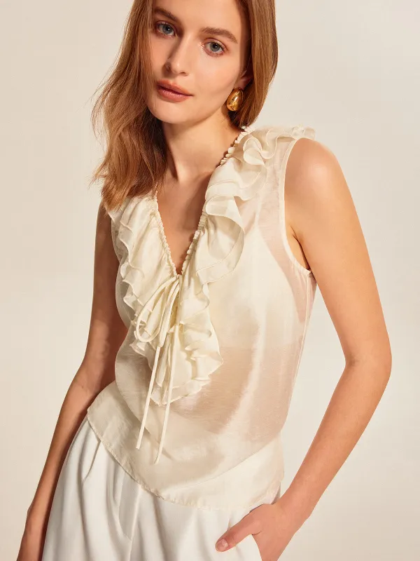 Semi-Sheer Ruffled Tie-Front Top sold by COMMENSE