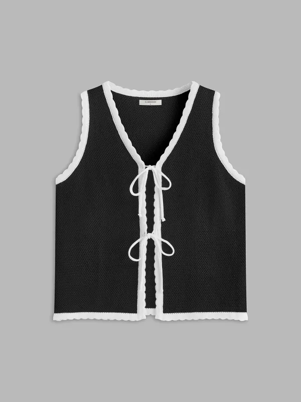Scalloped Trim Tie Front Vest sold by COMMENSE