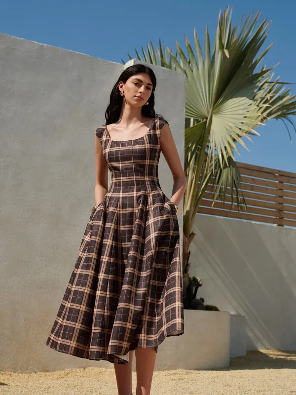 Square Neck Sleeveless Pleated Plaid Dress sold by COMMENSE
