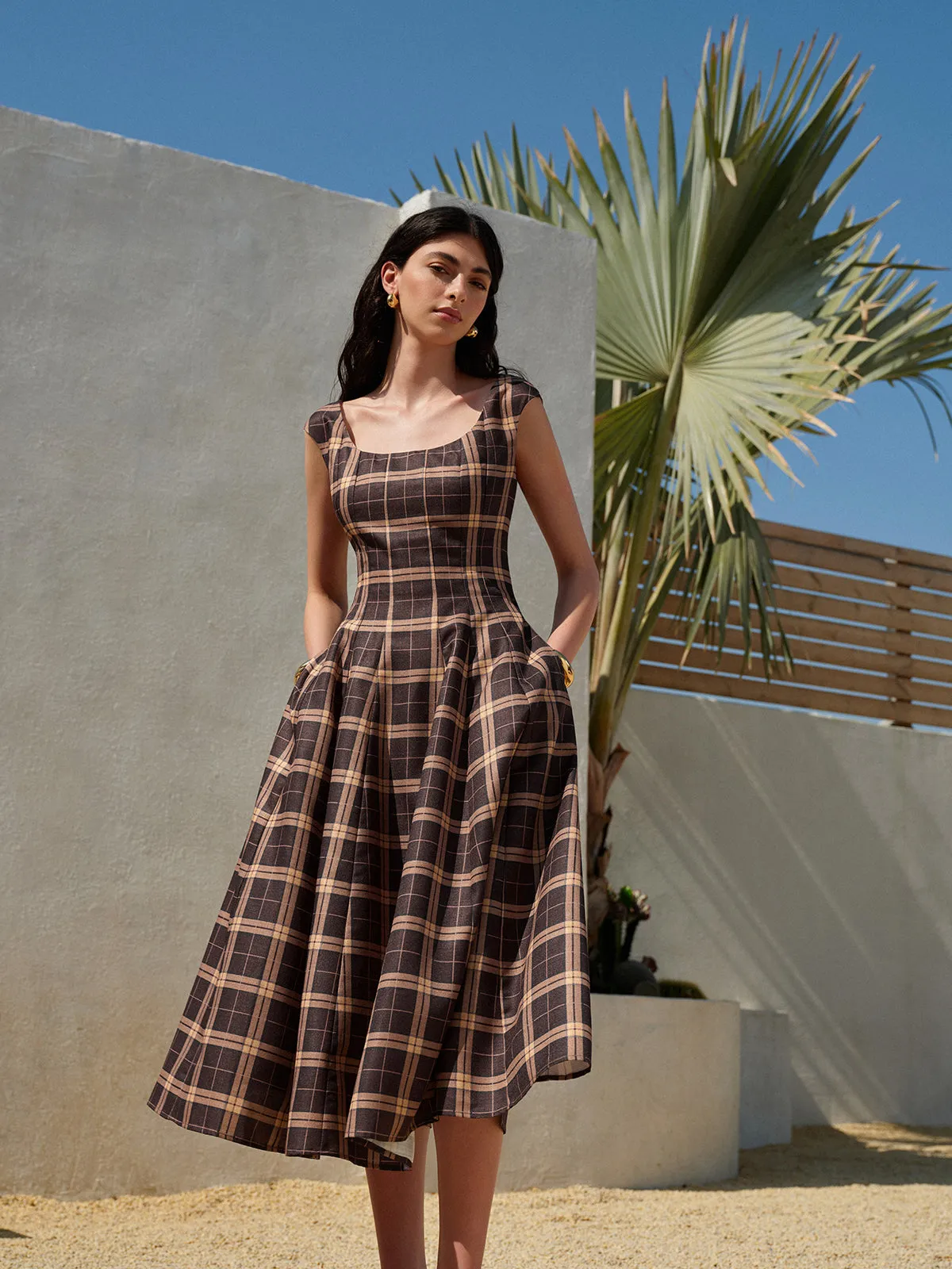 Square Neck Sleeveless Pleated Plaid Dress sold by COMMENSE