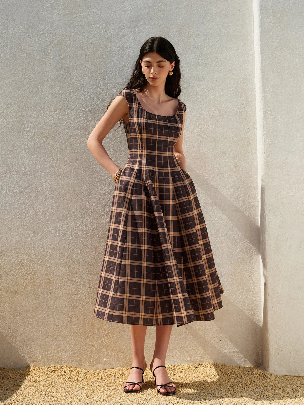 Square Neck Sleeveless Pleated Plaid Dress sold by COMMENSE product image thumbnail 5