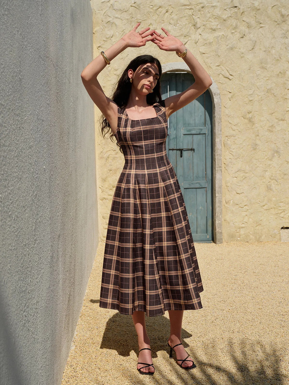 Square Neck Sleeveless Pleated Plaid Dress sold by COMMENSE product image thumbnail 2