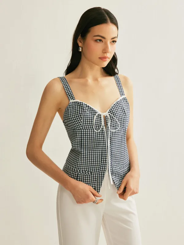 Plaid Tie-Front Sleeveless Top sold by COMMENSE