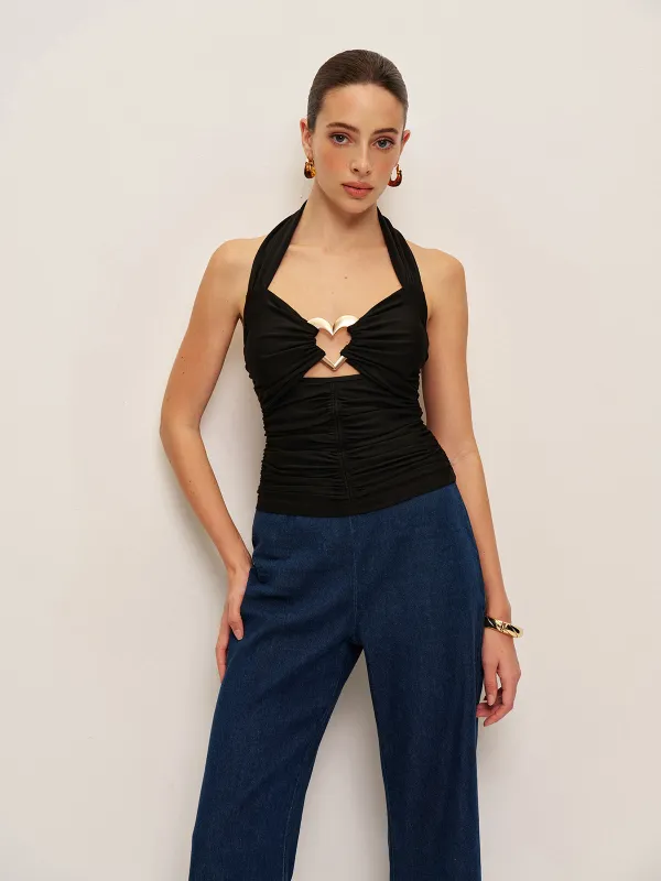 Heart Detail Ruched Halter Top made by COMMENSE